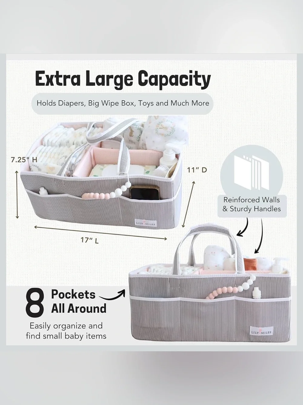 Lily Miles Grey/Blush Large Diaper Caddy NWT